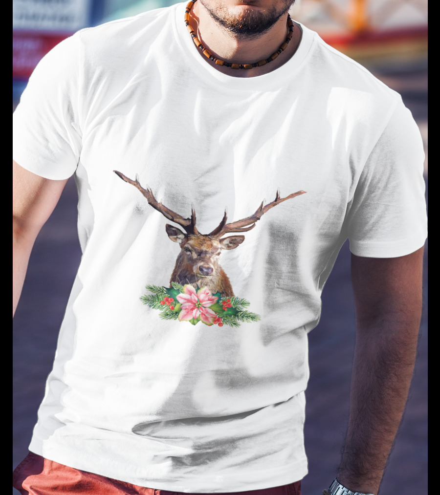 Watercolor Christmas Reindeer With Poinsettia And Pine Branches T-Shirt