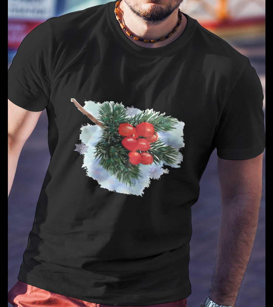 Watercolor Holiday Christmas Holly Berries Branch Pine Needles T-Shirt