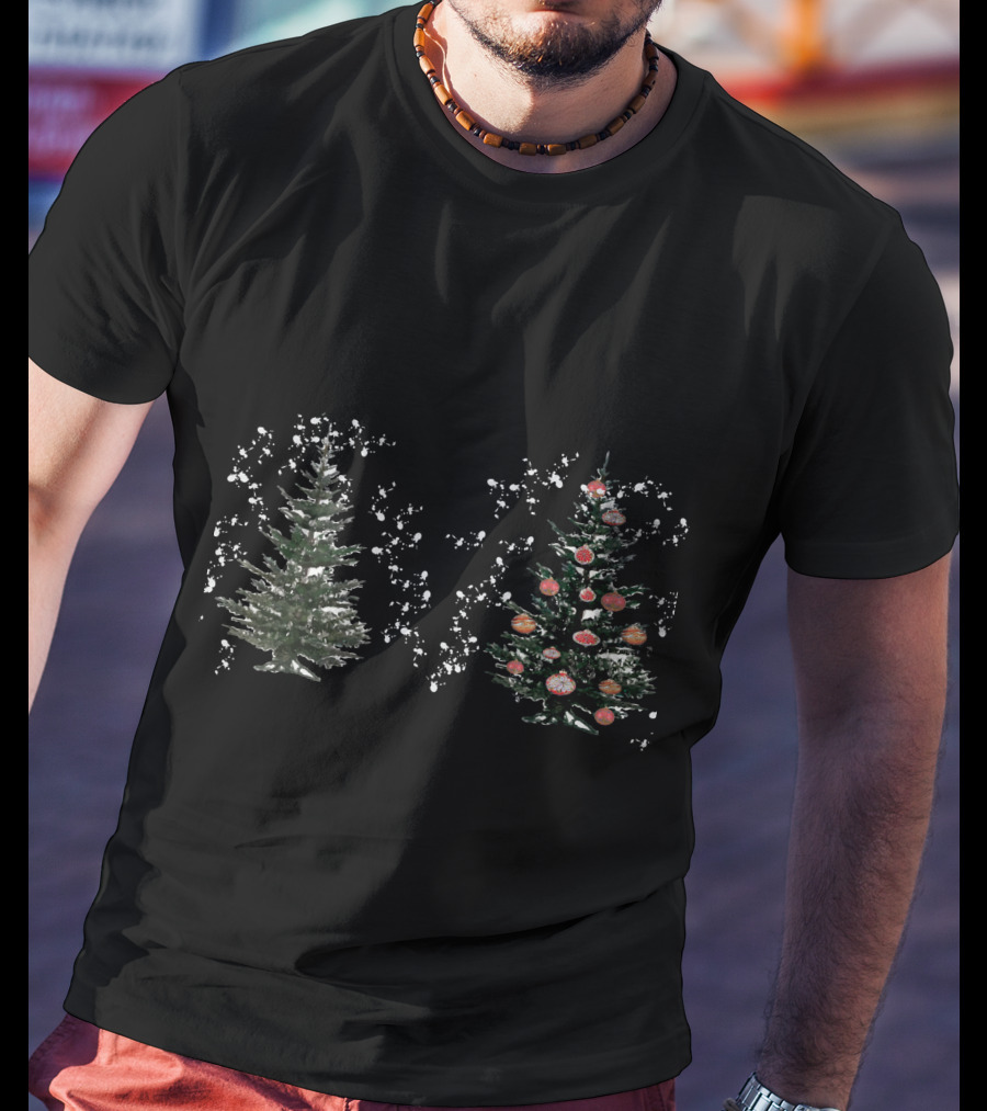 Watercolor Christmas Trees Snowy Evergreen With Red Ornaments T-Shirt