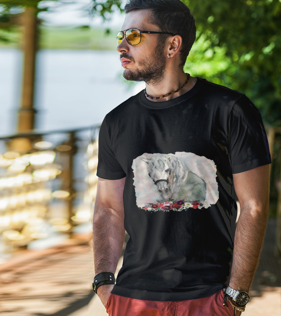 Watercolor White Horse With Floral Accents T-Shirt