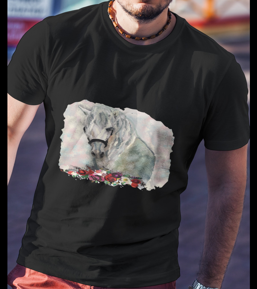Watercolor White Horse With Floral Accents T-Shirt