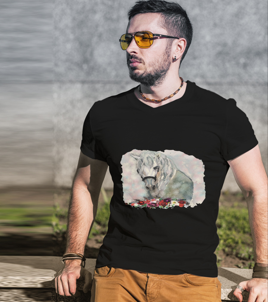 Watercolor White Horse With Floral Accents T-Shirt