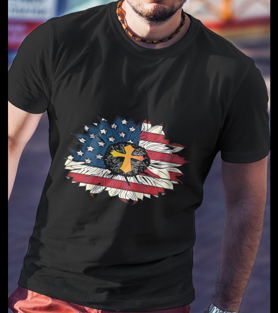 American Flag Cross Floral Design Sunflower Center T-Shirt