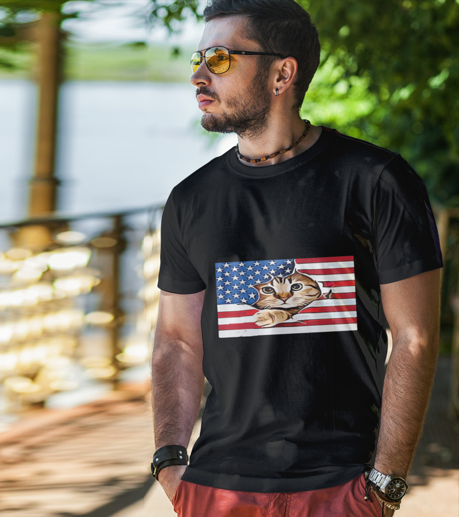 Cat Peeking Through American Flag T-Shirt