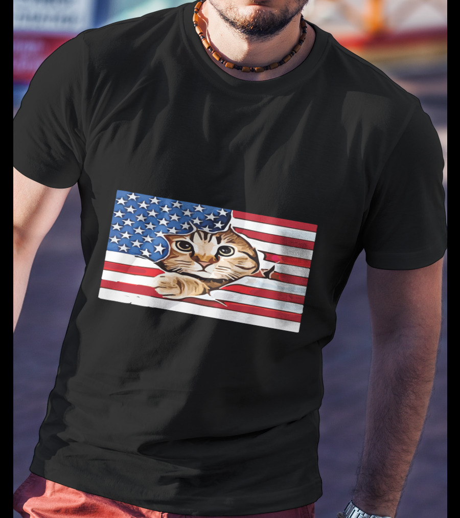 Cat Peeking Through American Flag T-Shirt