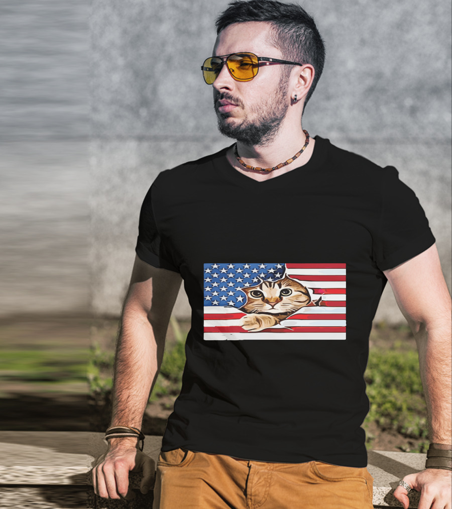 Cat Peeking Through American Flag T-Shirt