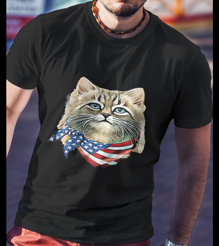 Fluffy Cat Wearing Stars And Stripes Flag Bandana T-Shirt