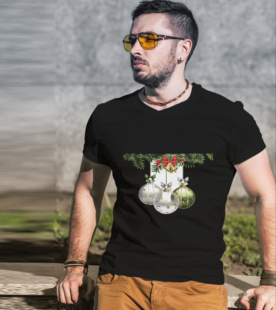 Holiday Christmas Balls Evergreen Branches Ribbons T-Shirt