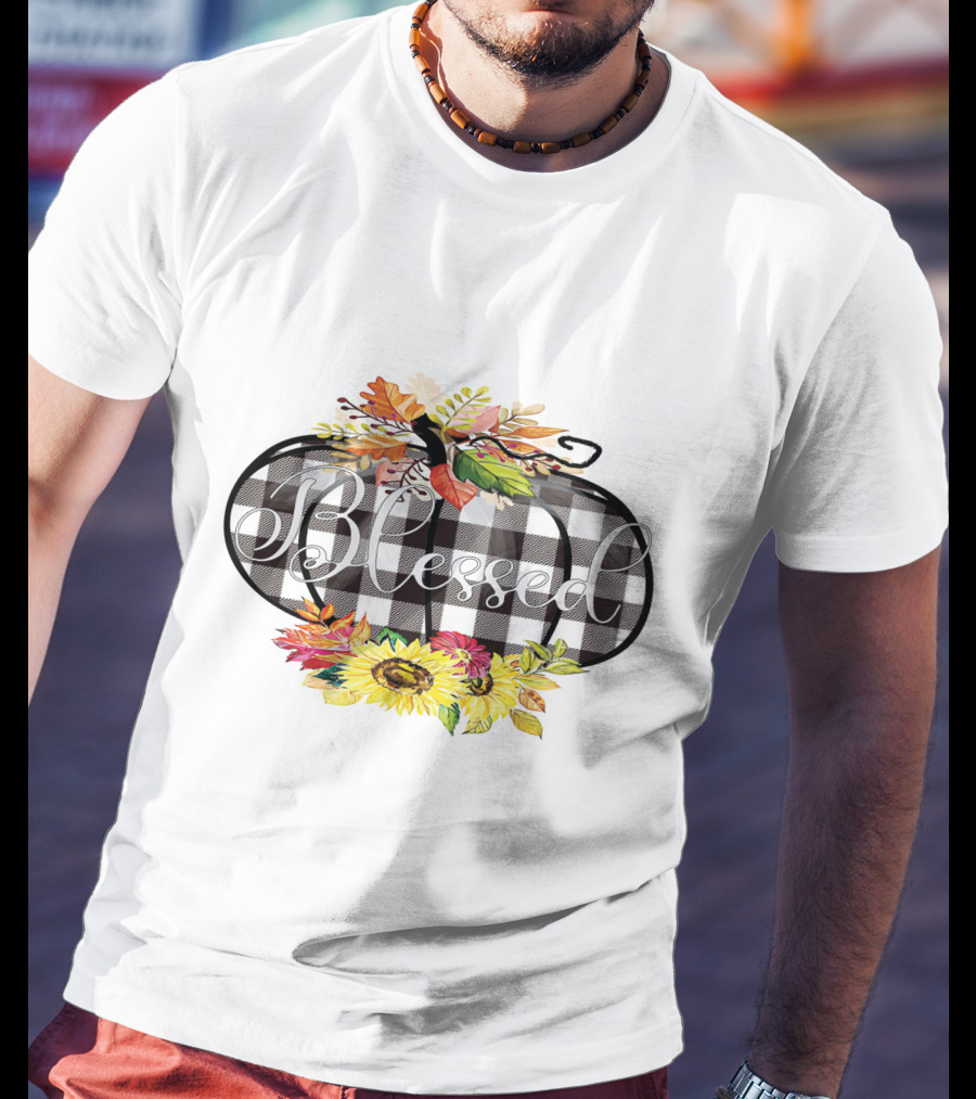 Blessed Buffalo Plaid Pumpkin With Sunflowers And Autumn Leaves T-Shirt