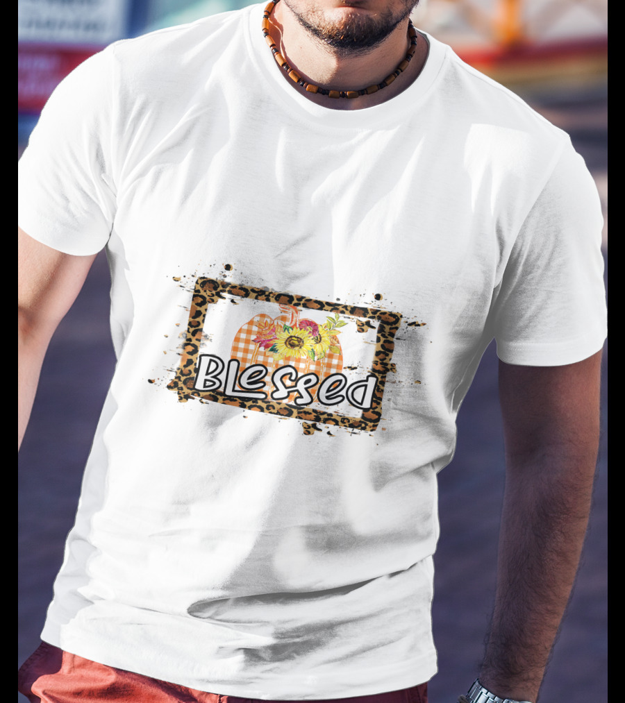 Blessed Leopard Frame Plaid Pumpkin Sunflowers T-Shirt