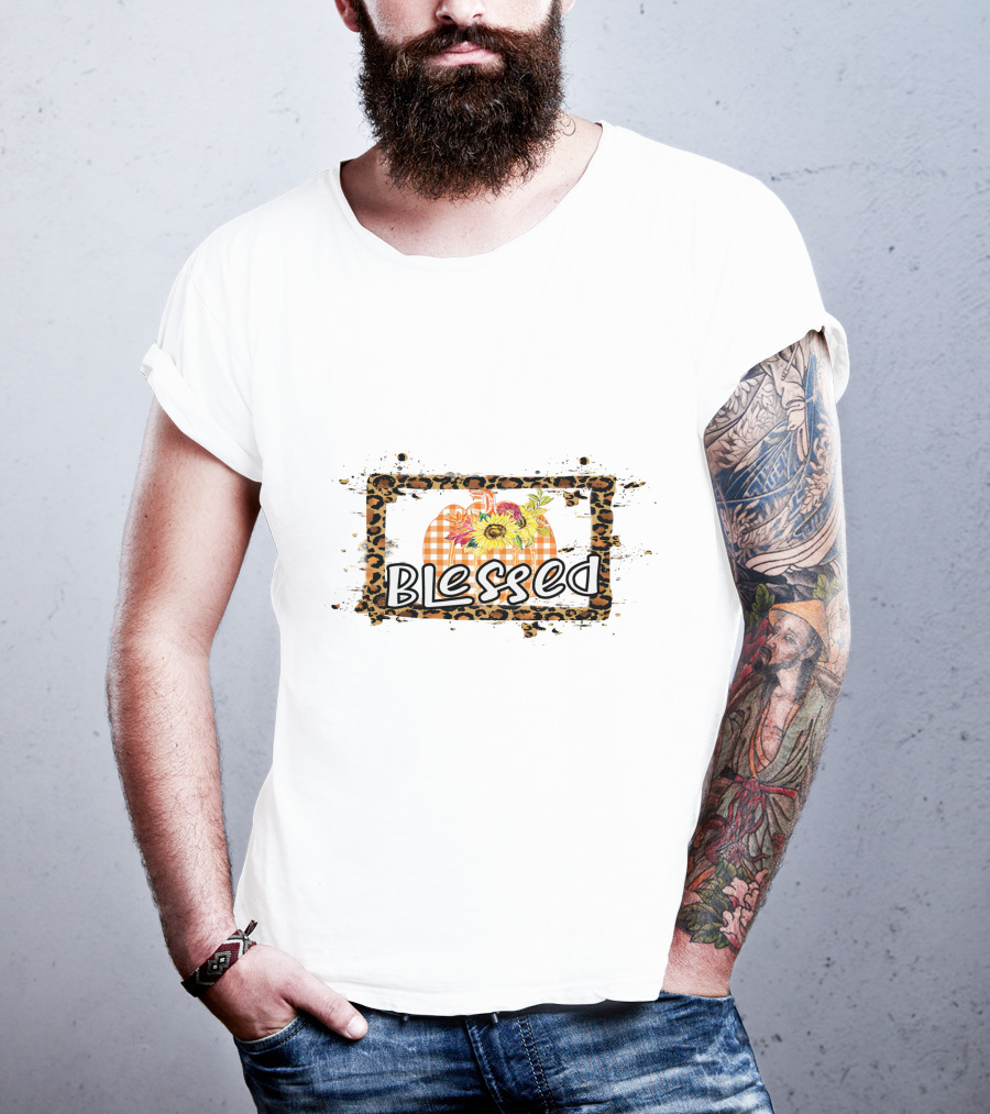 Blessed Leopard Frame Plaid Pumpkin Sunflowers T-Shirt
