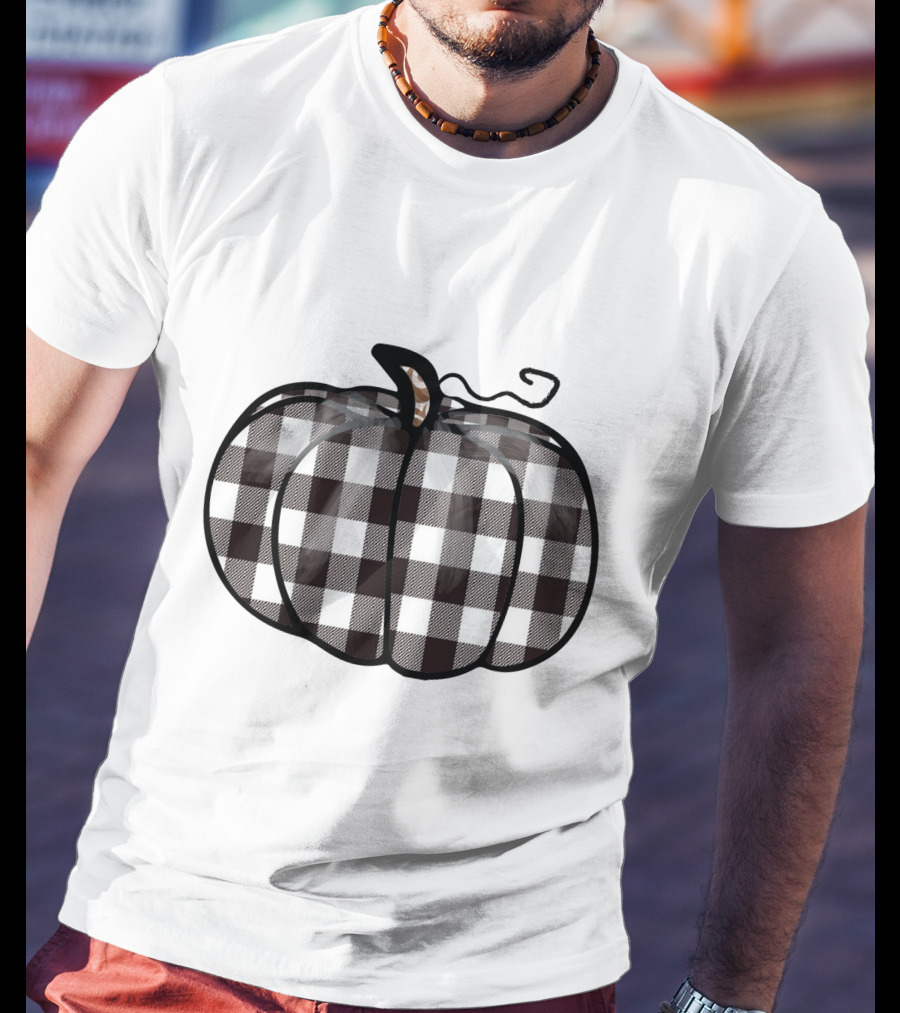 Buffalo Plaid Checkered Pumpkin White T-Shirt