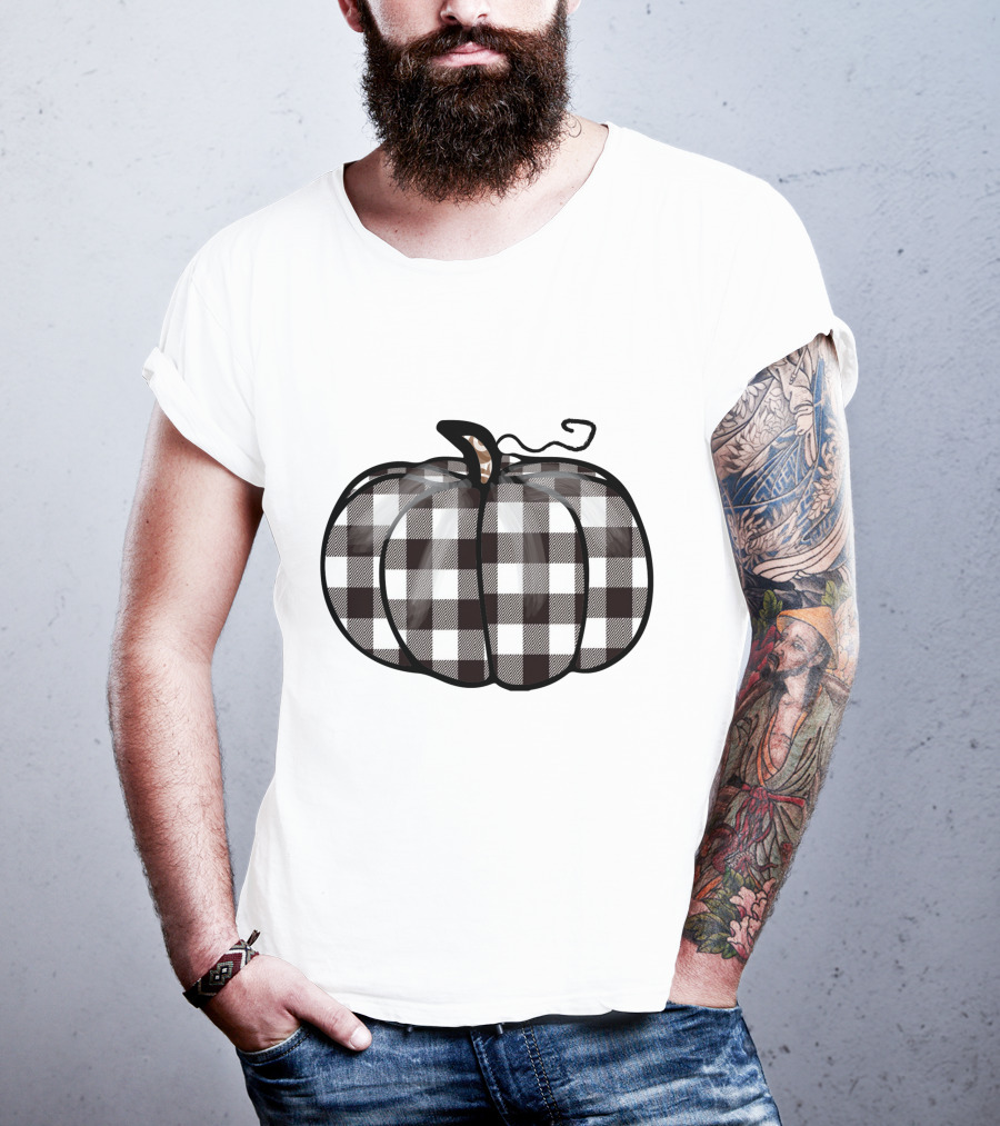 Buffalo Plaid Checkered Pumpkin White T-Shirt
