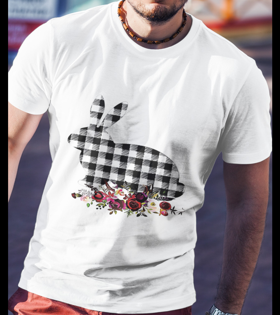 Bunny Black White Plaid Floral Roses T-Shirt