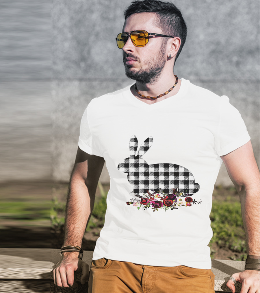 Bunny Black White Plaid Floral Roses T-Shirt