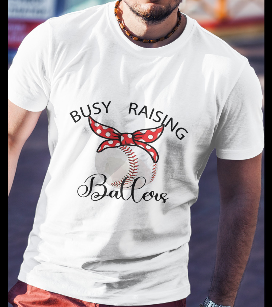 Busy Raising Ballers Baseball Red Bow T-Shirt