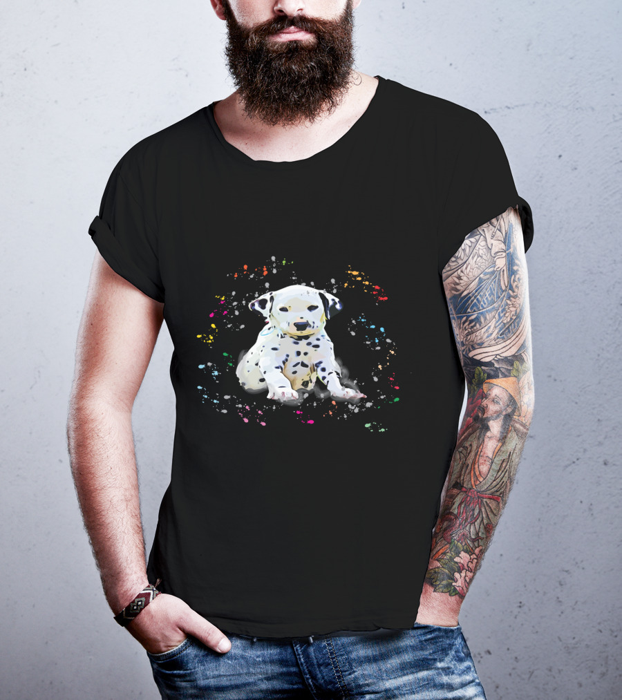Dalmatian Puppy Surrounded By Splashes Of Colorful Snow T-Shirt