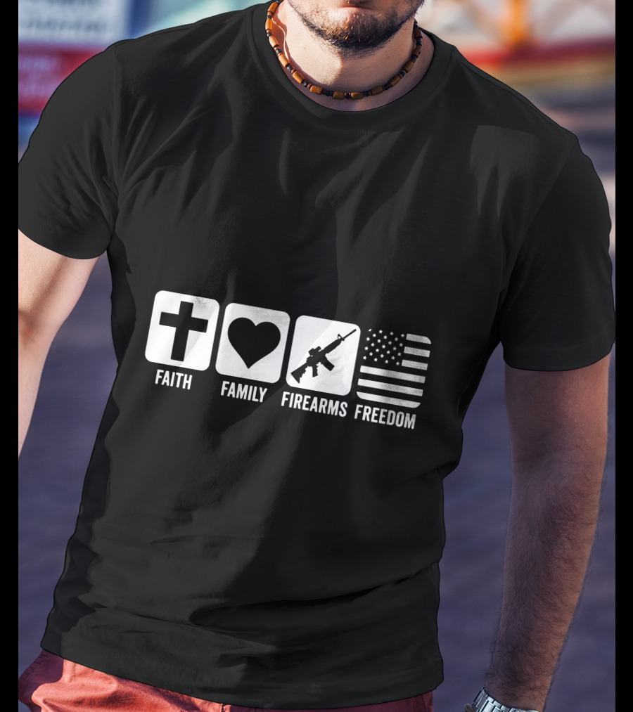 Faith Family Firearms And Freedom Cross Heart Rifle American Flag T-Shirt