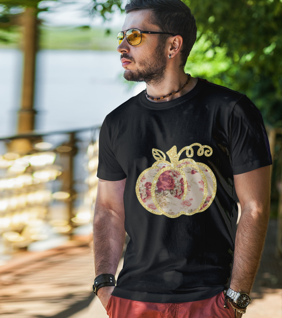 Glitter Floral Pumpkin Gold Trim T-Shirt