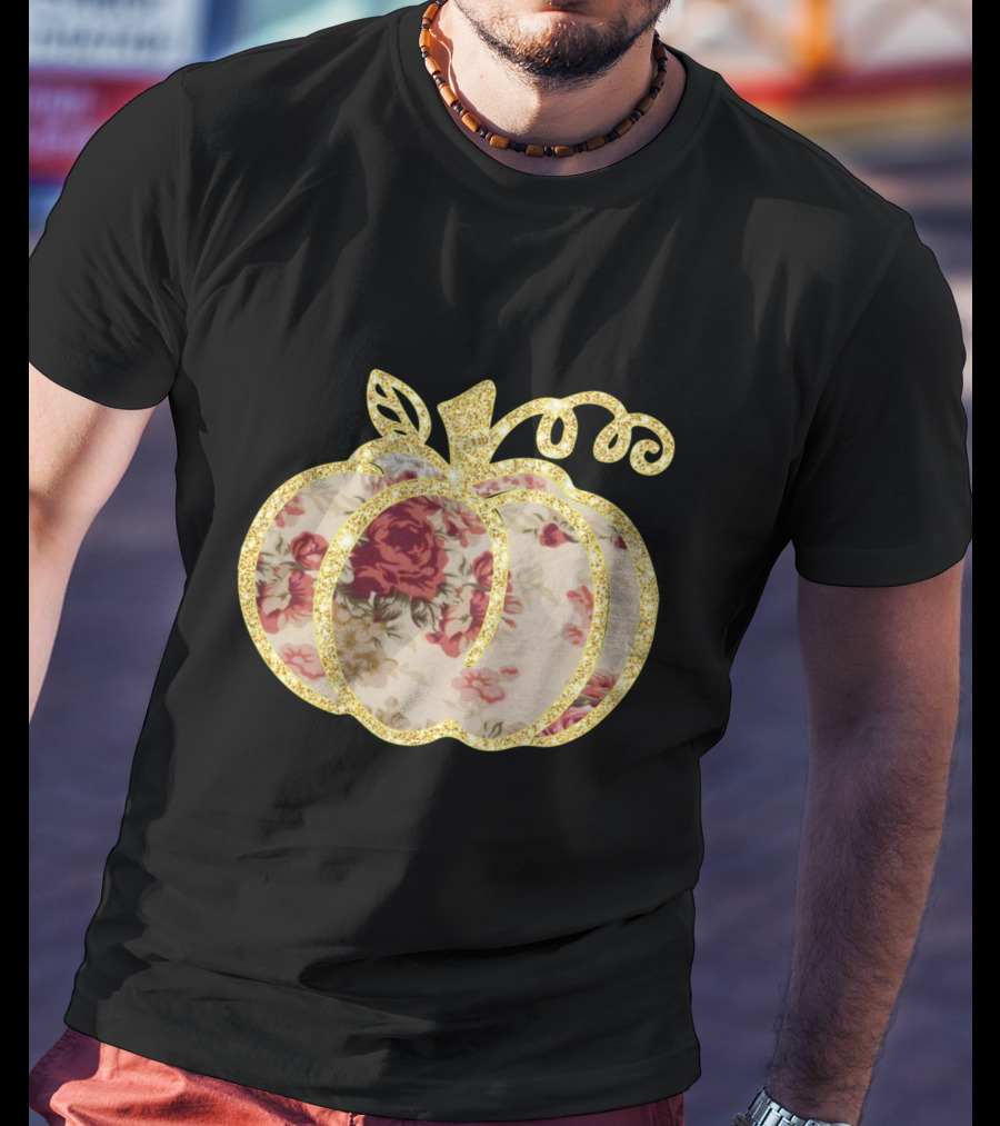 Glitter Floral Pumpkin Gold Trim T-Shirt