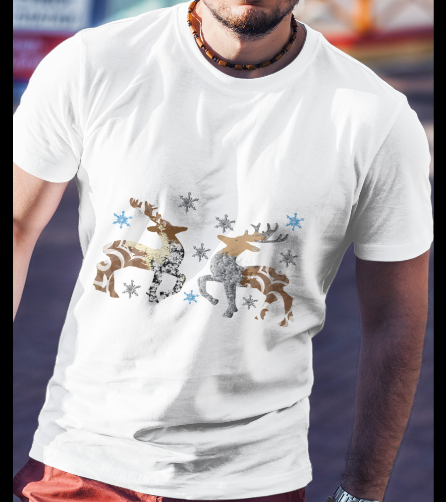 Christmas Reindeer Stone Snowflakes Brown And Silver T-Shirt