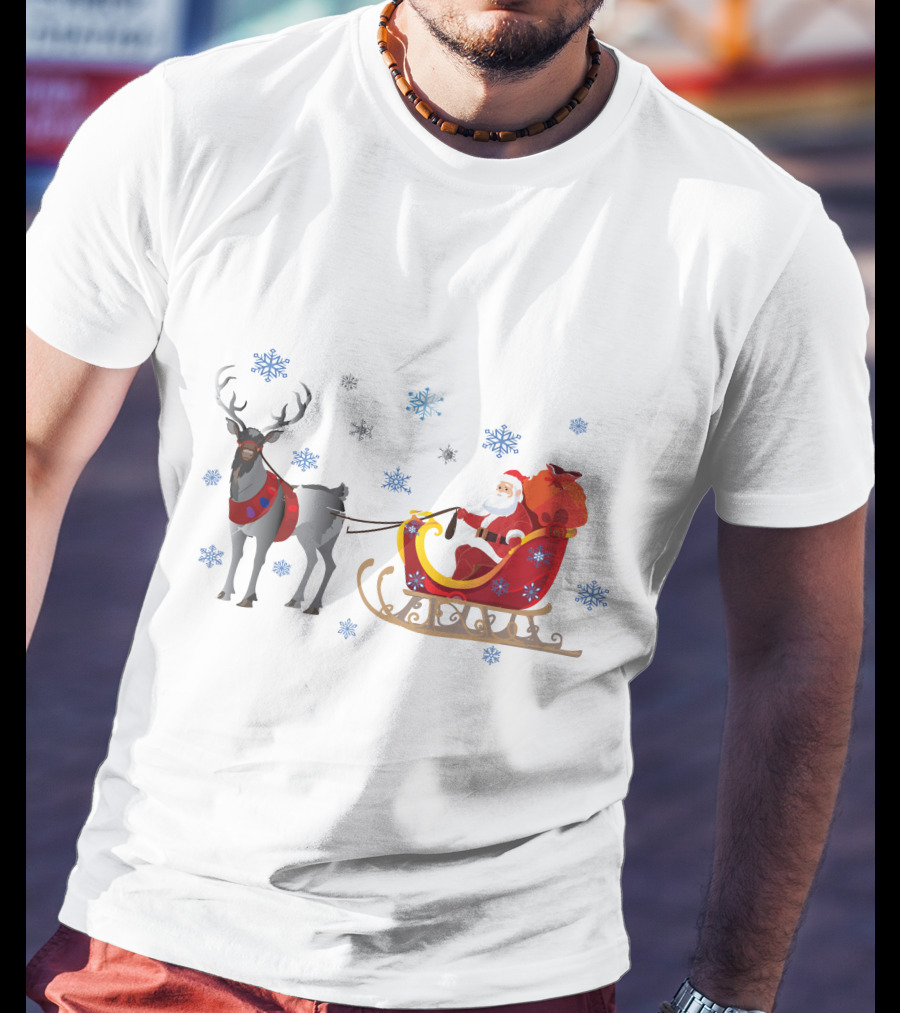 Christmas Santa With Reindeer And Sleigh Surrounded By Snowflakes T-Shirt