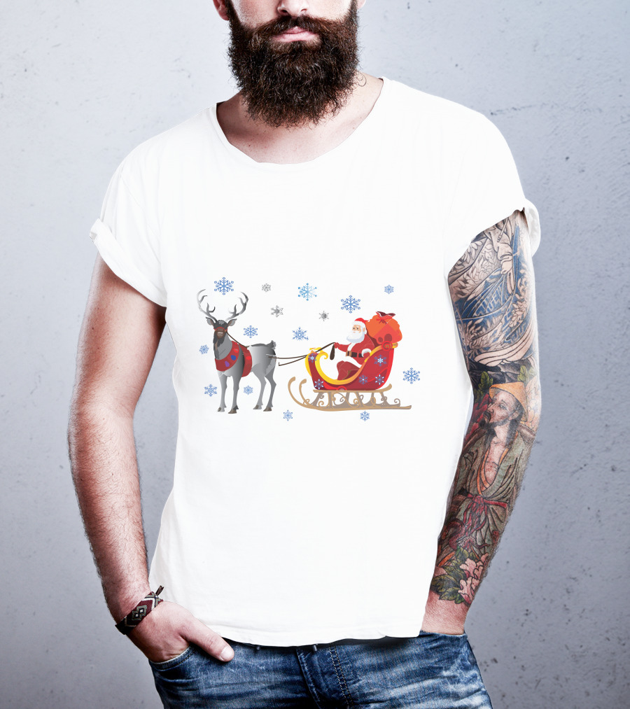 Christmas Santa With Reindeer And Sleigh Surrounded By Snowflakes T-Shirt