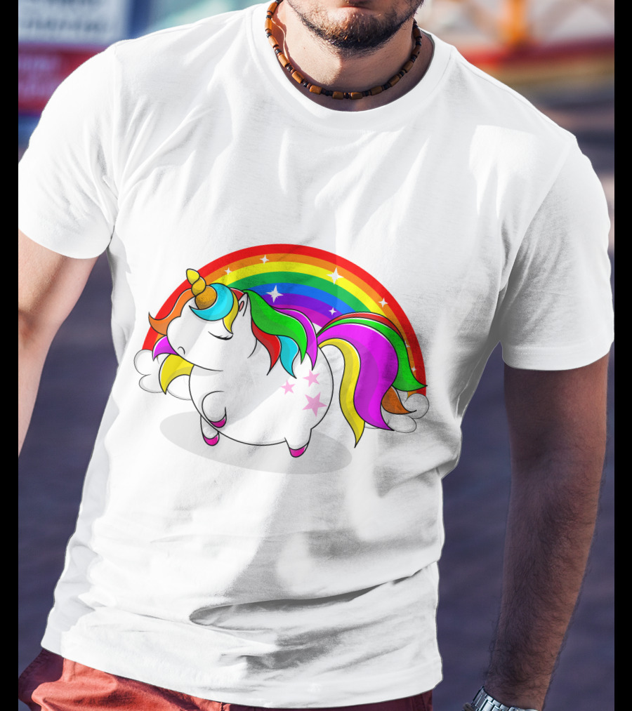 Cute Fat Unicorn With Rainbow Mane And Stars T-Shirt