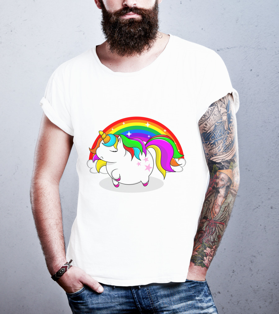Cute Fat Unicorn With Rainbow Mane And Stars T-Shirt