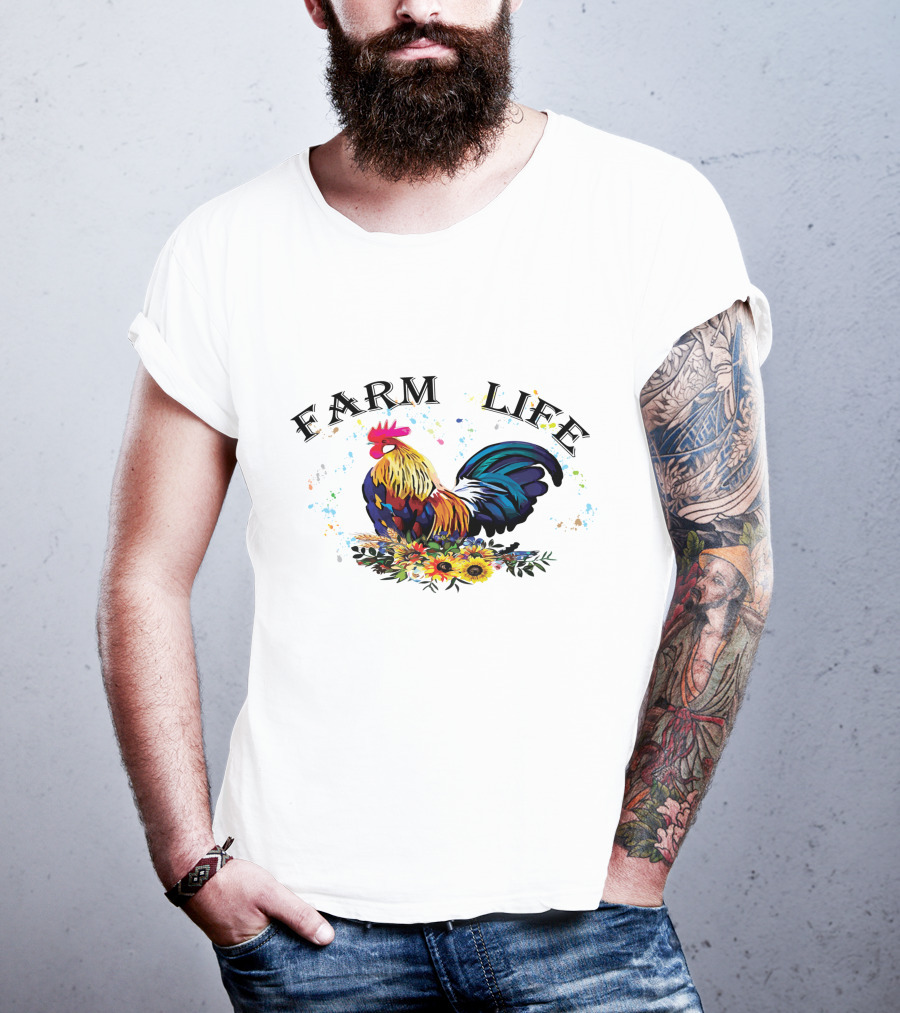 Farm Life Colorful Rooster Floral T-Shirt