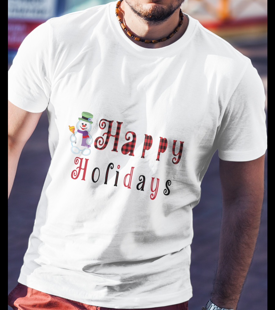 Happy Holidays Christmas Snowman With Plaid Letters T-Shirt