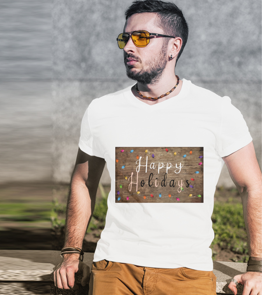 Happy Holidays Christmas Light Rustic Wood Background With Colorful Bulbs T-Shirt