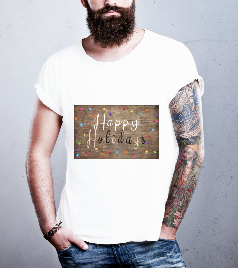 Happy Holidays Christmas Light Rustic Wood Background With Colorful Bulbs T-Shirt