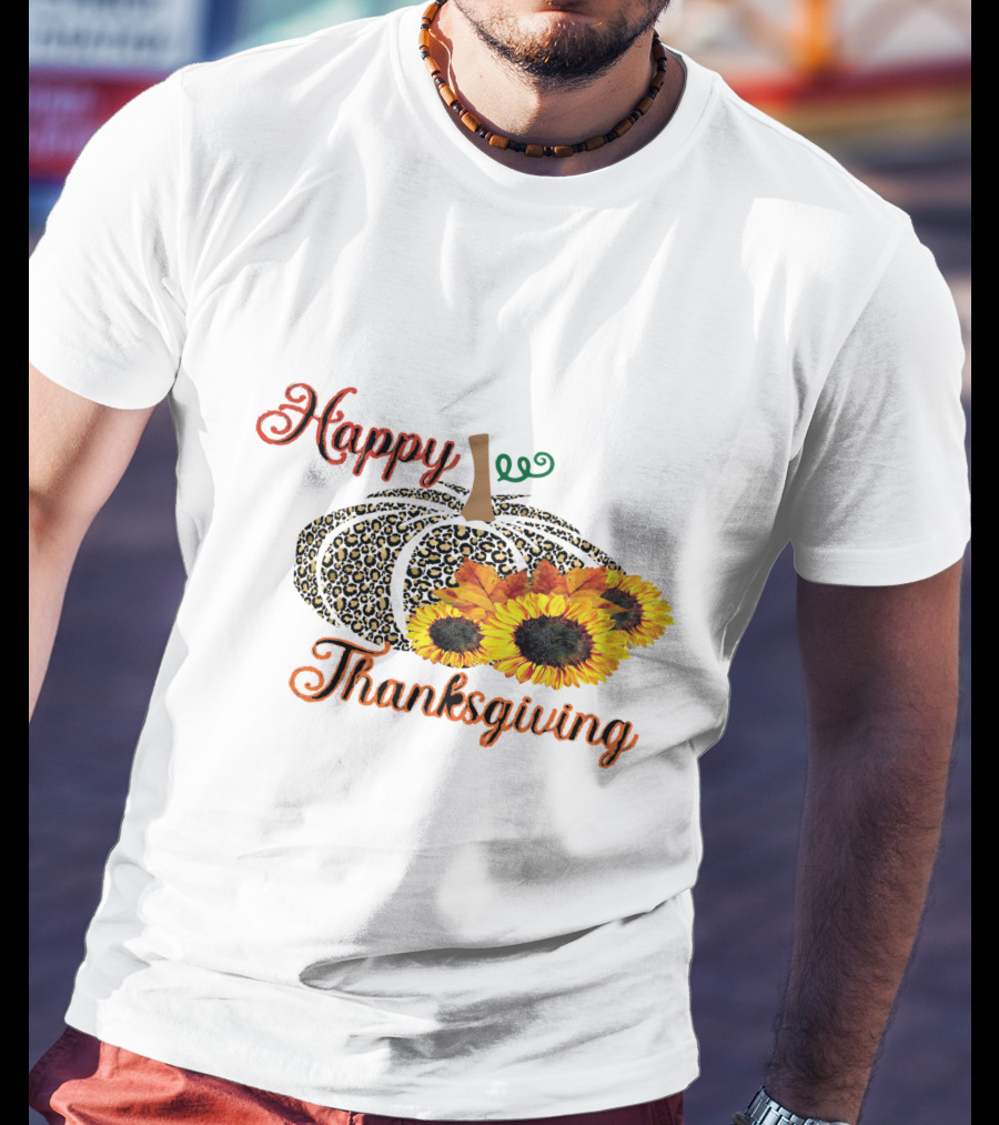 Happy Thanksgiving Leopard Print Pumpkin Sunflowers T-Shirt