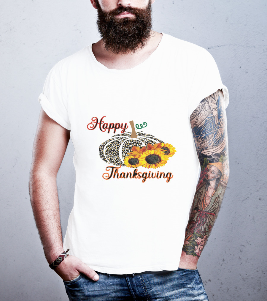 Happy Thanksgiving Leopard Print Pumpkin Sunflowers T-Shirt