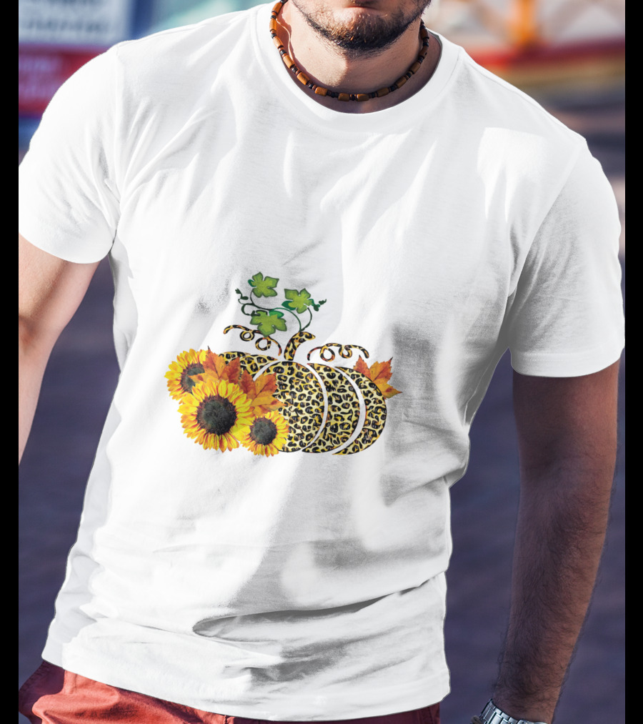 Thanksgiving Leopard Pumpkin Sunflowers And Leaves T-Shirt