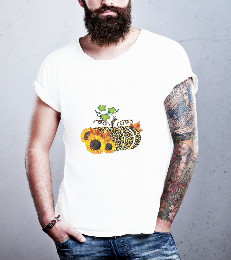 Thanksgiving Leopard Pumpkin Sunflowers And Leaves T-Shirt