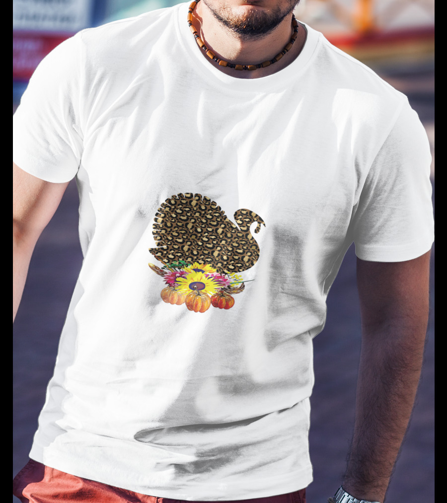 Leopard Turkey Thanksgiving With Floral Pumpkin Arrangement T-Shirt