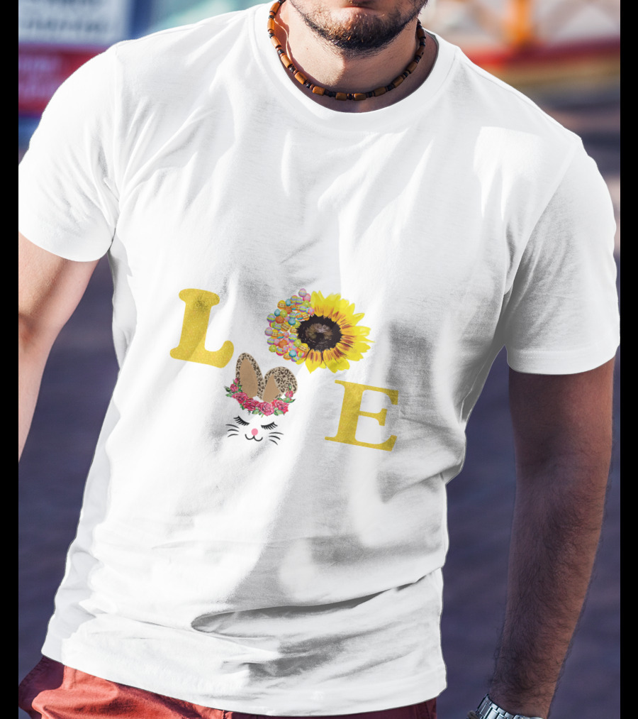 Love Sunflower Bunny With Floral Ears And Cheetah Print Bow T-Shirt