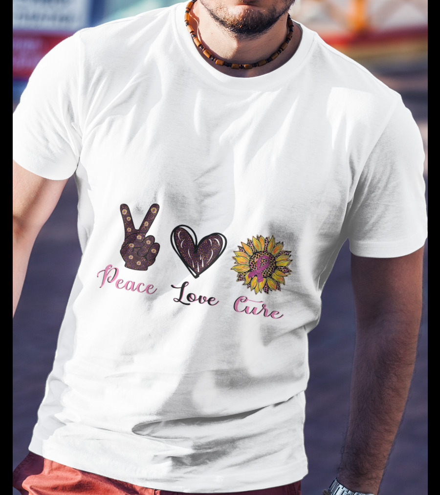 Peace Love Cure Breast Cancer Sunflower Heart And Peace Sign T-Shirt