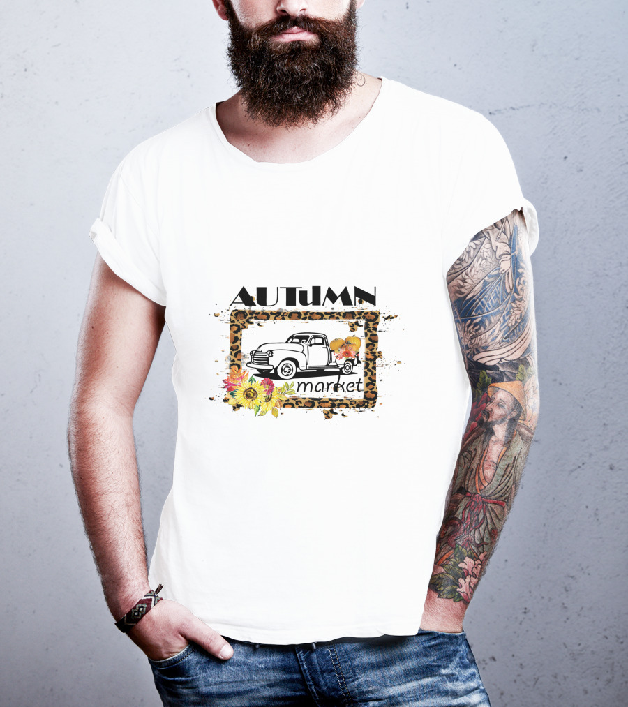 Autumn Market Vintage Truck With Pumpkins And Flowers T-Shirt