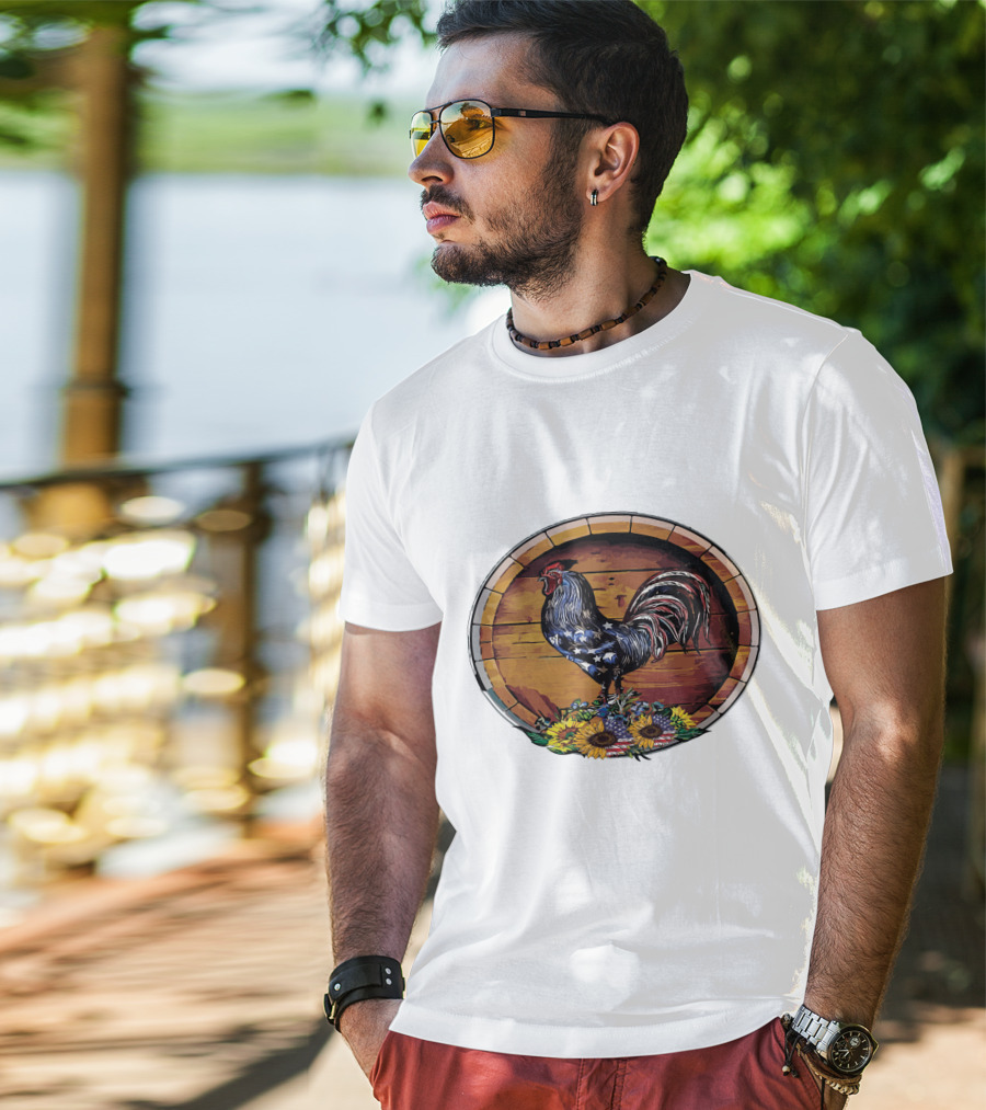 USA Rooster On Wine Barrel With Sunflowers T-Shirt