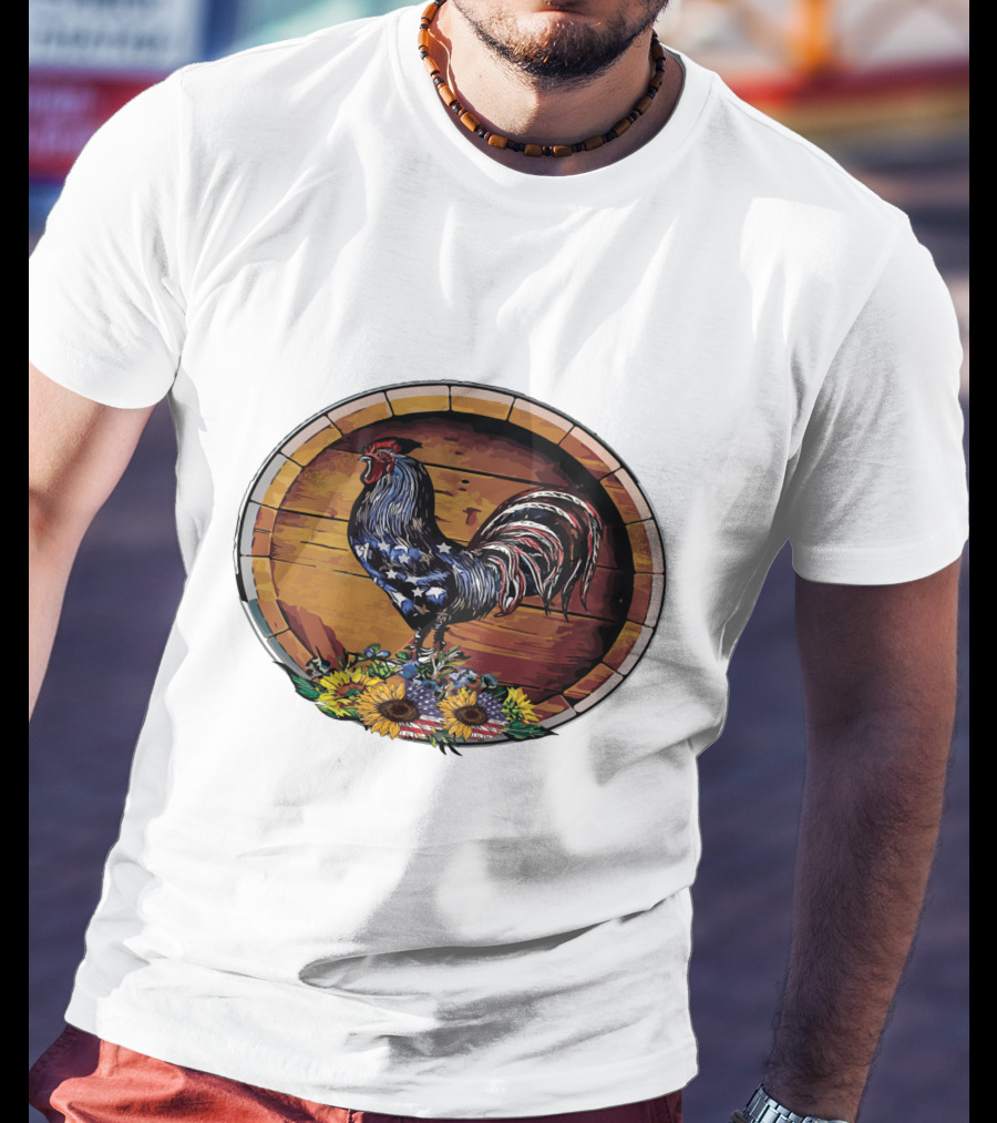 USA Rooster On Wine Barrel With Sunflowers T-Shirt