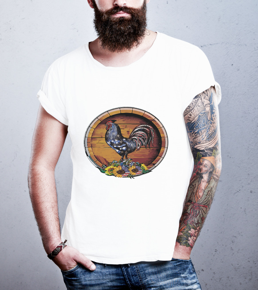 USA Rooster On Wine Barrel With Sunflowers T-Shirt