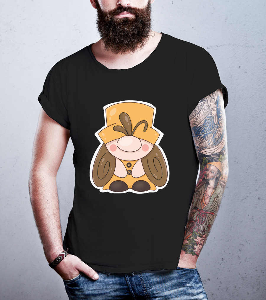 Gnome Vibes Whimsical Yellow Hat Brown Twirls T-Shirt