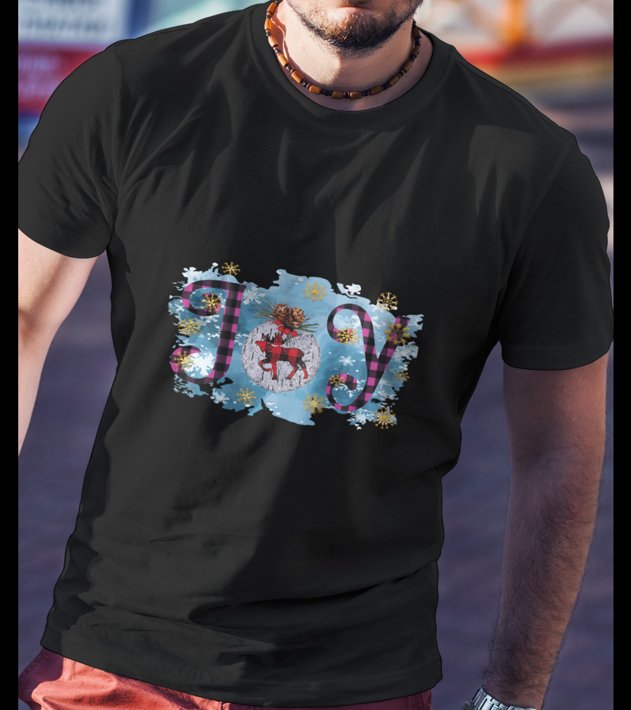 Joy Plaid Christmas Reindeer Snowflakes Pinecones T-Shirt