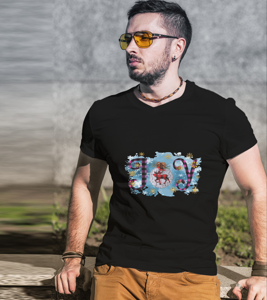 Joy Plaid Christmas Reindeer Snowflakes Pinecones T-Shirt