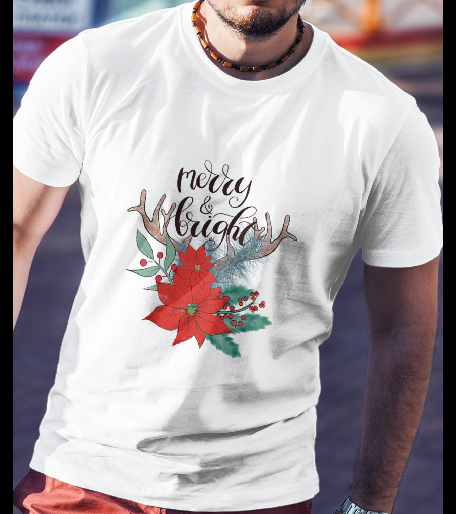 Merry And Bright Antler Poinsettia Christmas Florals T-Shirt