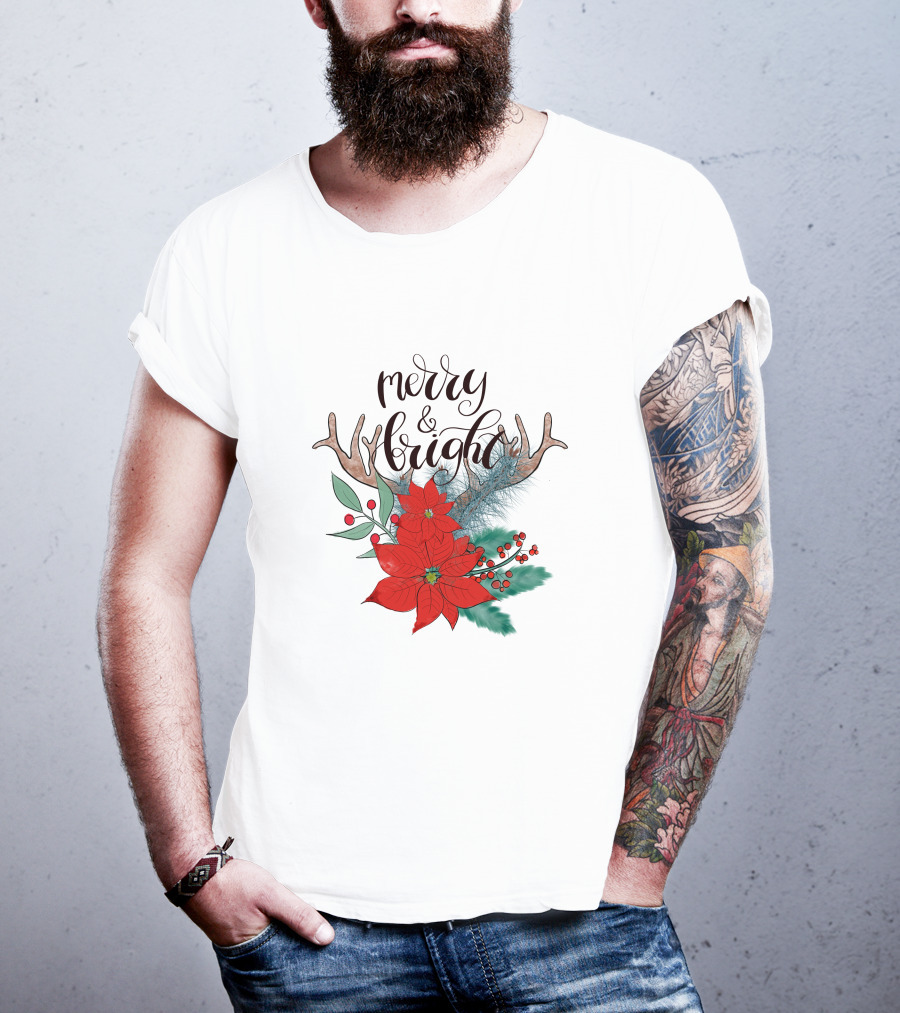Merry And Bright Antler Poinsettia Christmas Florals T-Shirt