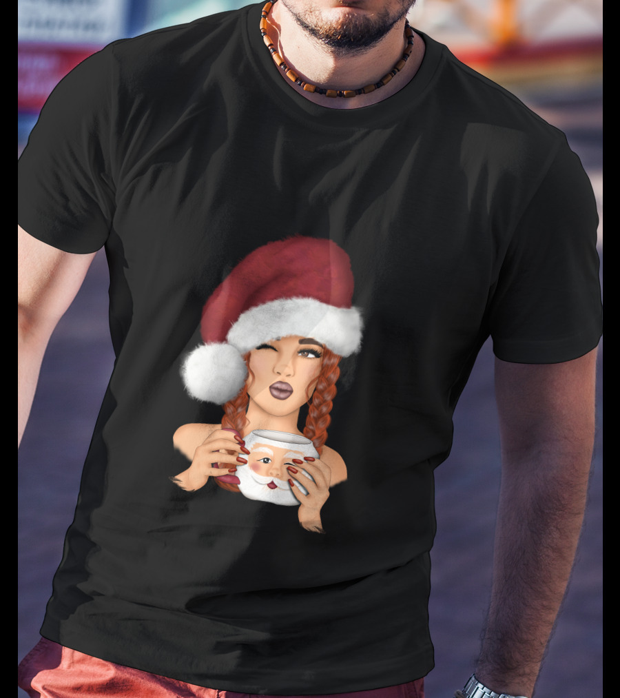 Christmas Red Hair Girl With Santa Hat And Santa Mug T-Shirt